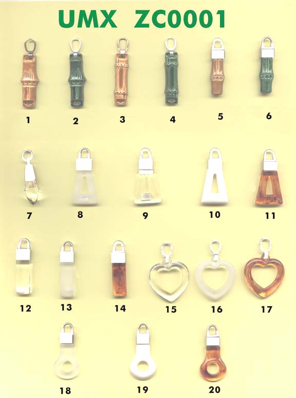 Zipper pulls, zipper sliders, fashion pulls series 1 for zipper, bags, belts, buckles, buttons,
notions, novelties, shoes, ornaments, trims, trimmings, laces,snaps, hooks and garment
manufacturers