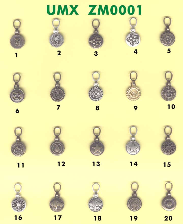 large picture - most popular zipper pulls, fashion pulls series 1: Metal zipper pulls and fashion pulls zm001-10 series for bags,belts, buckles,
buttons, notions, novelties,shoes, ornaments, trims,trimmings,laces,snaps,hooks and
garment industries 